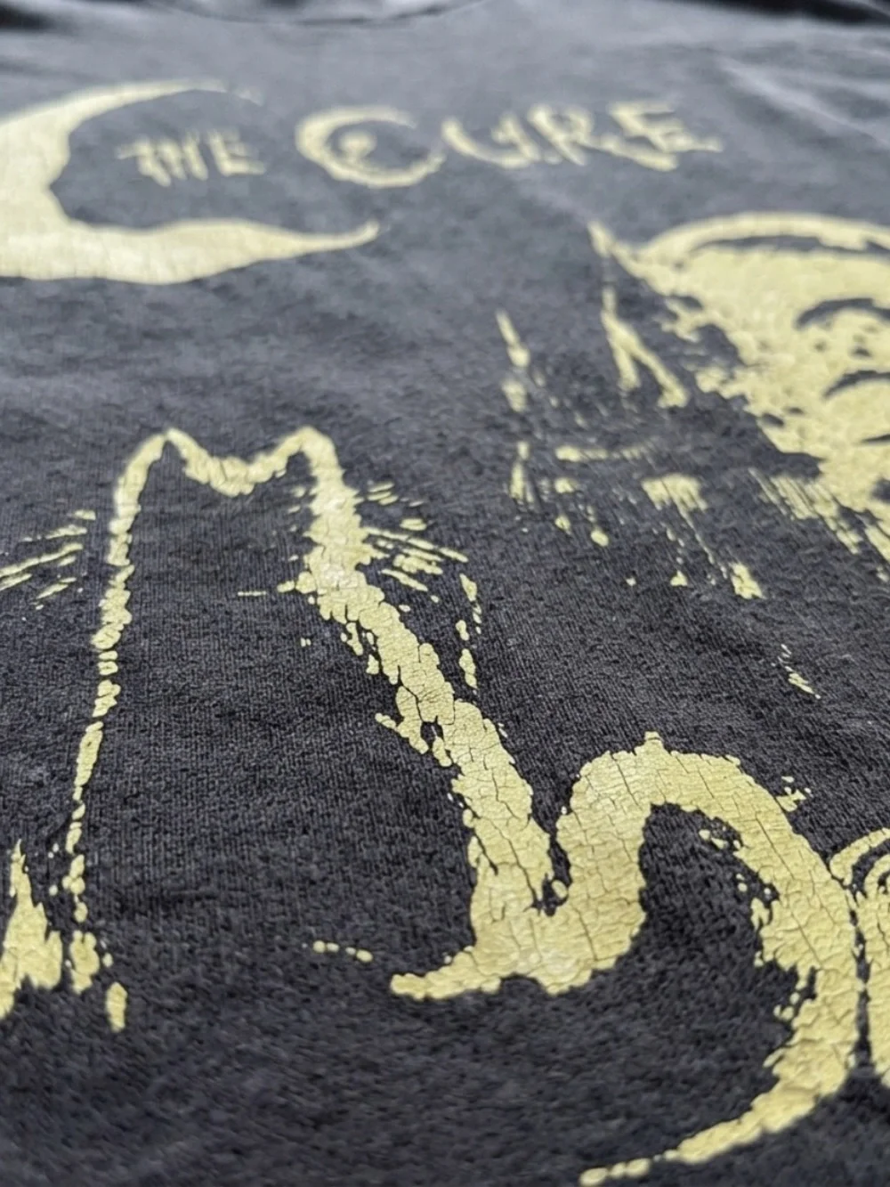 Gildan Black The Cure Band Tee with Pale Yellow Moon & Cat Graphic